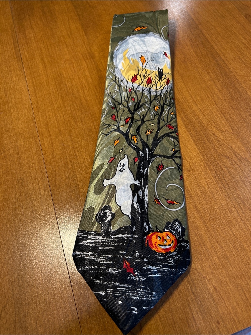 Halloween Ghost & Pumpkin Neck Tie in Olive Green 100% polyester